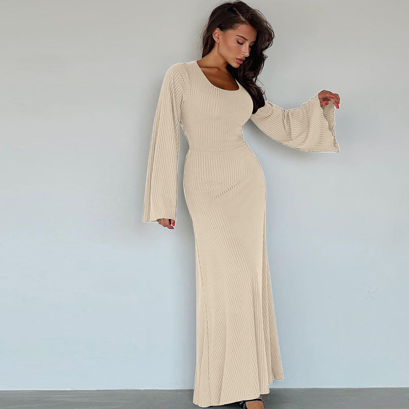 Robe tendance à col en U et lacets dans le dos, manches longues cloche - LUXARAH