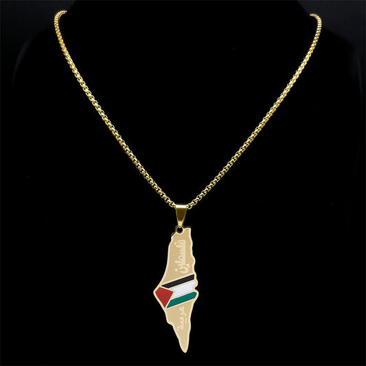 Collier avec pendentif, carte de la Palestine et d'Israël pour homme et femme, en acier inoxydable, couleur or, bijoux ethniques palestiniens, cadeaux - LUXARAH