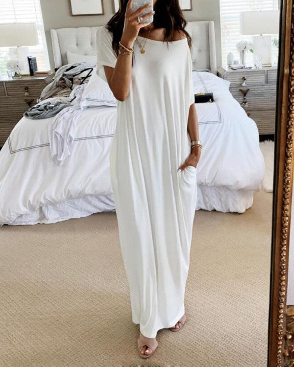 Robe décontractée à manches courtes et à motifs longs pour femme, couleur unie - LUXARAH
