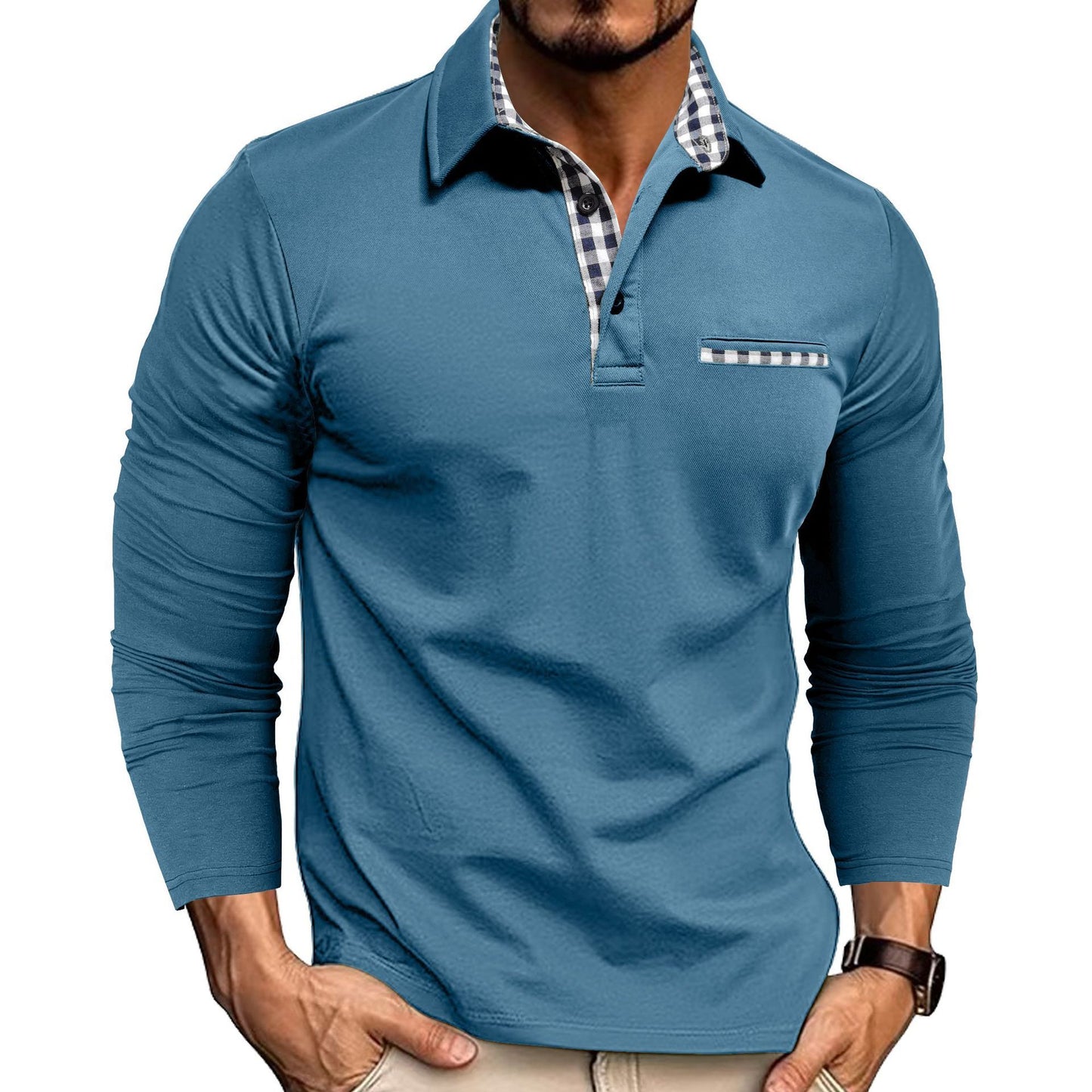 Polo décontracté à carreaux et revers pour homme, haut à manches longues, couleur unie, tendance