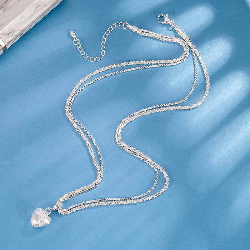 Collier avec pendentif en forme de cœur brossé à double couche pour femme, bijou de luxe haut de gamme, léger et tendance