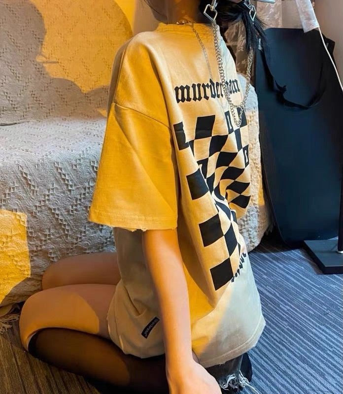 T-shirt oversize style américain à imprimé damier rétro pour femme - LUXARAH