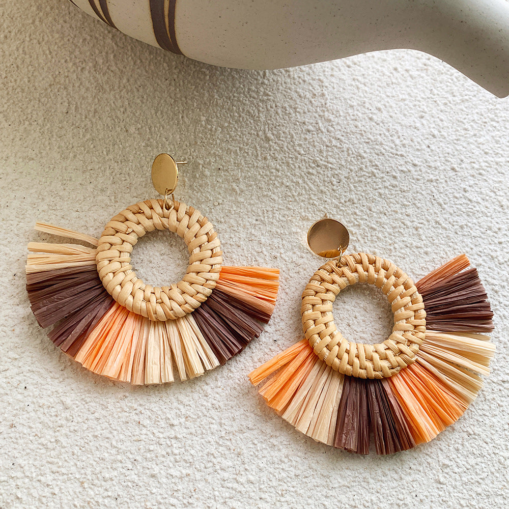 Boucles d'oreilles en raphia et rotin pour femme, nouvelles boucles d'oreilles rondes géométriques colorées en paille - LUXARAH