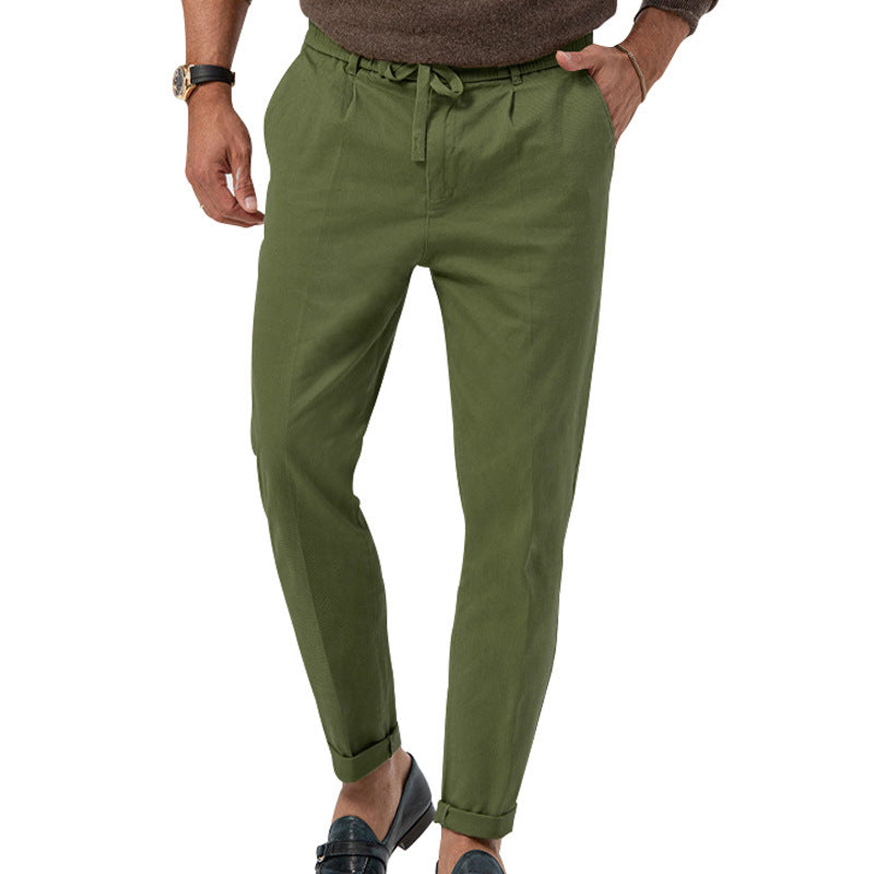 Pantalon décontracté à cordon de serrage pour homme, pantalon de costume droit de couleur unie