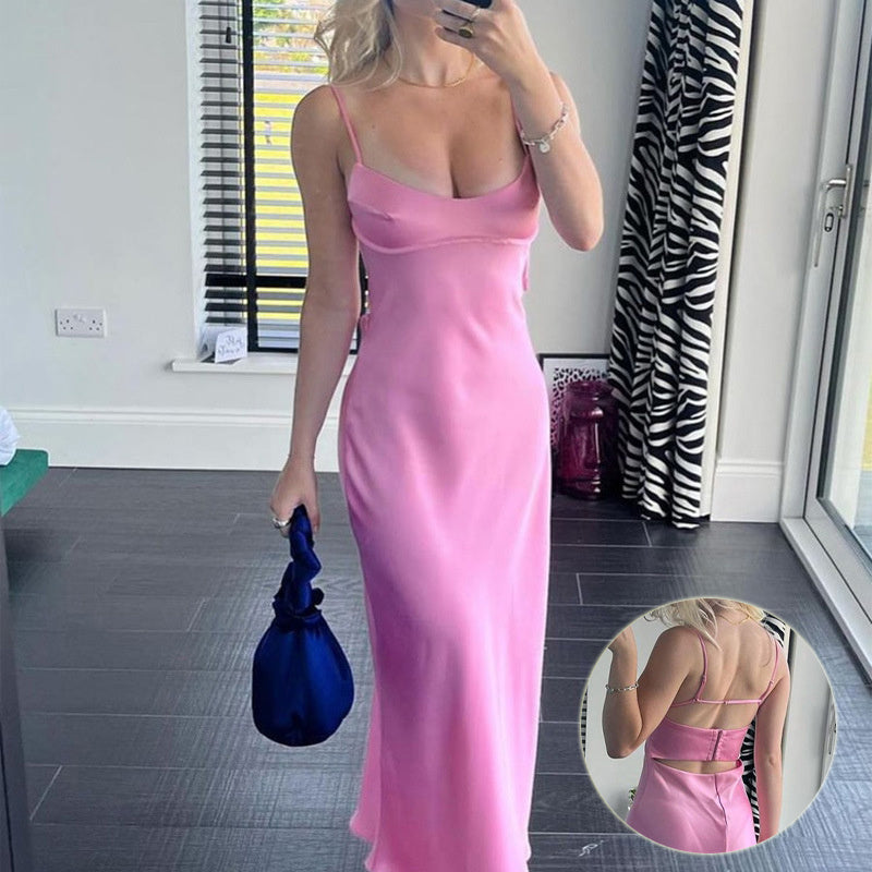 Robe longue en satin, élégante, sans manches, tenue de soirée, de vacances, sexy, décontractée, dos nu - LUXARAH