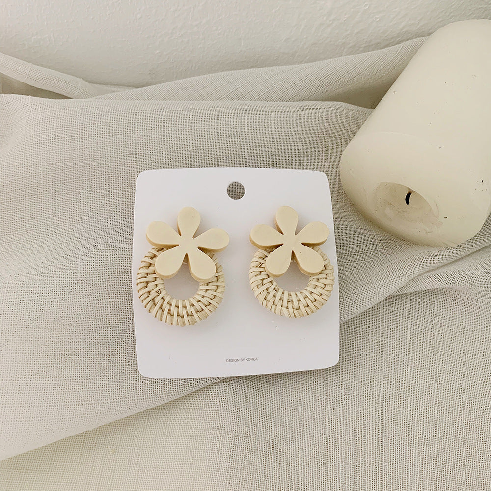 Boucles d'oreilles en rotin avec fleurs, boucles d'oreilles longues tissées au tempérament exagéré - LUXARAH