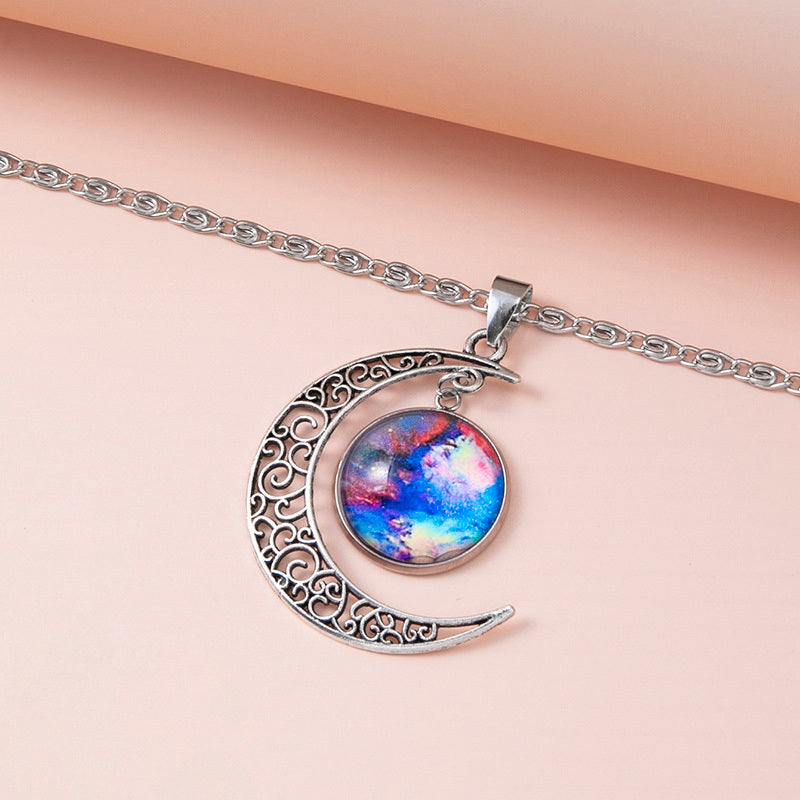Silver Hollow Moon Galaxy Glass Pendant Necklace for Women
