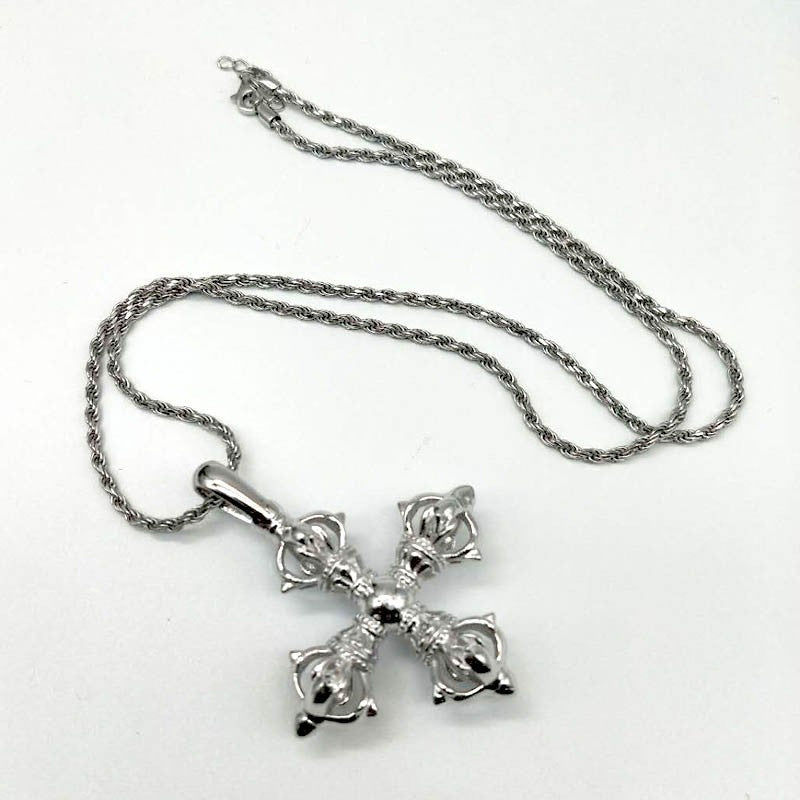 Collar con colgante de cruz de mortero Vajra de plata 925 para hombre y mujer