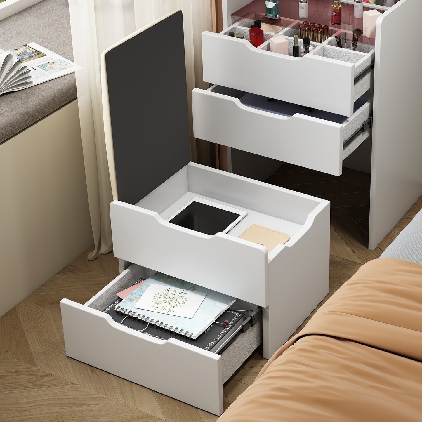 Coiffeuse 3 en 1 avec miroir rabattable, petite coiffeuse avec plateau en verre visible, compacte - LUXARAH