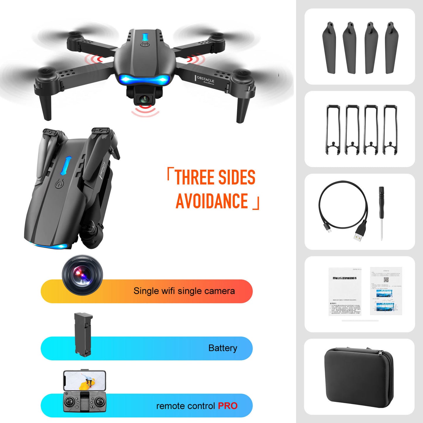 Drone télécommandé à double caméra 4K pour éviter les obstacles sur trois côtés