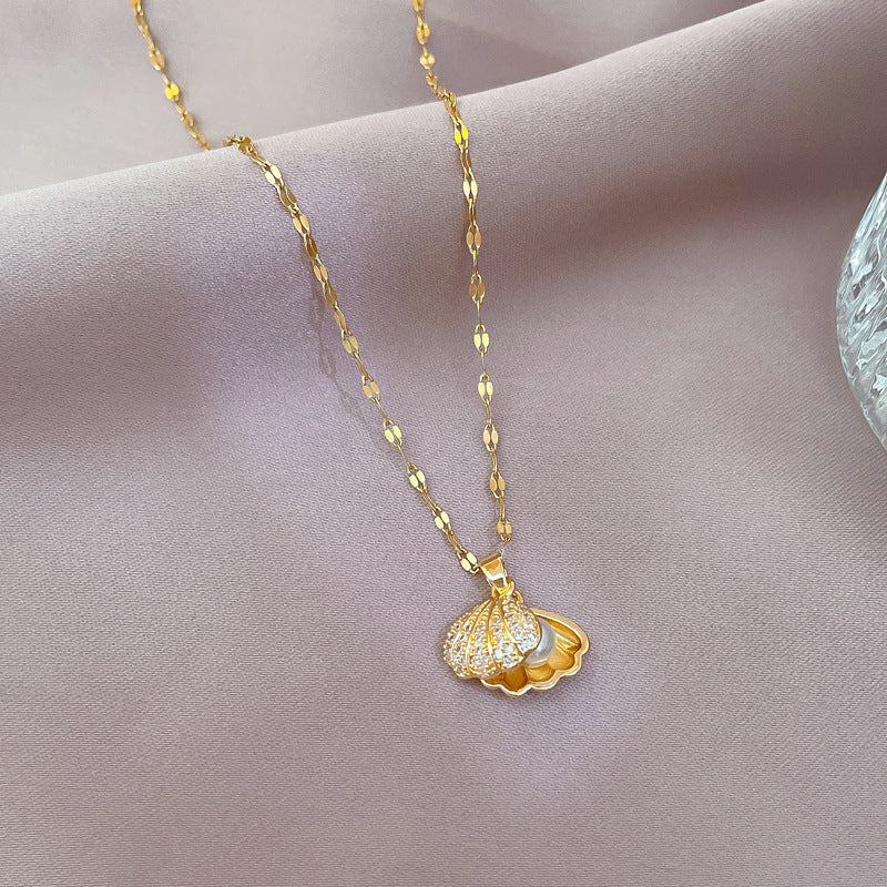 Collier de perles coquillage avec strass, bijou de personnalité pour femme en zircon