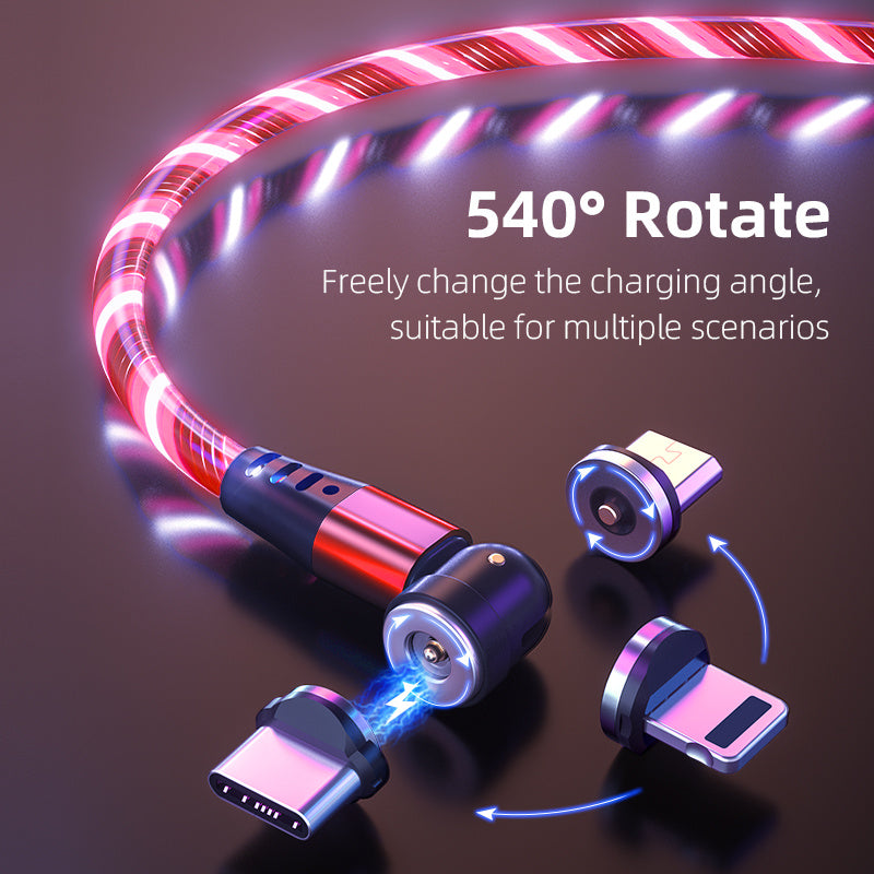 Câble magnétique lumineux rotatif 540° 3A pour recharge rapide de téléphone portable, compatible avec LED, micro USB type C, pour iPhone