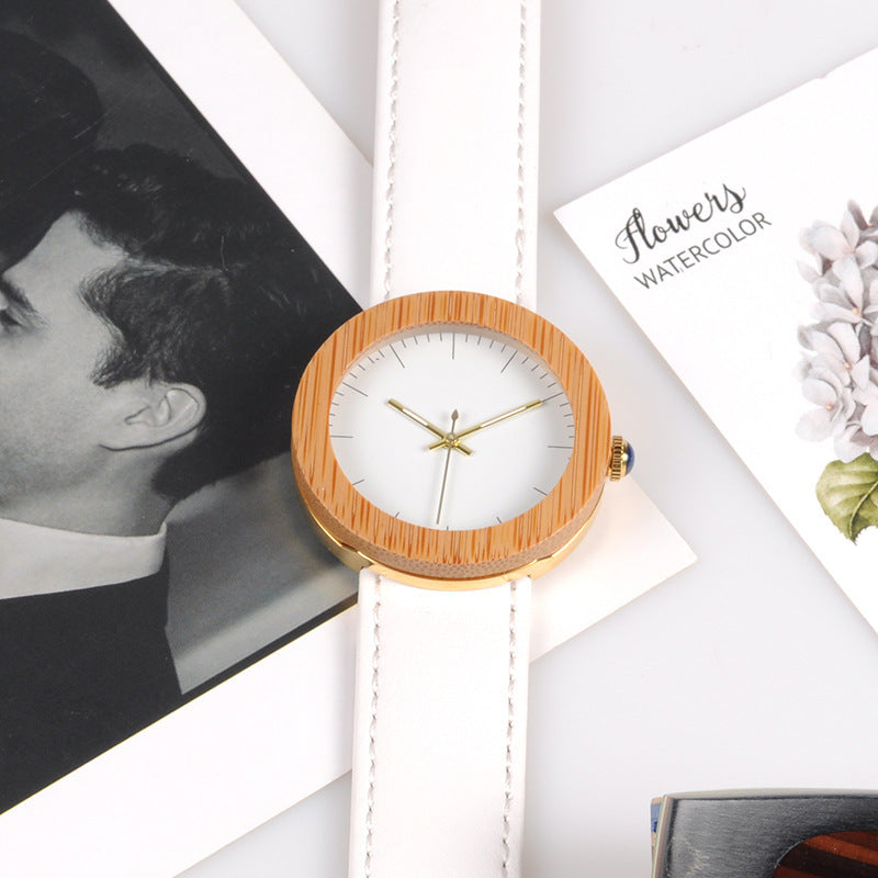 Montre femme en bois de bambou chaud fait main avec ceinture en cuir et mouvement à quartz