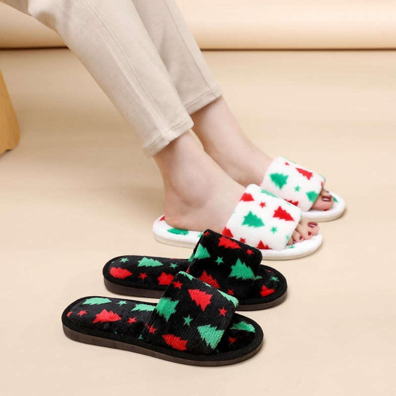Pantoufles de Noël pour femmes, pantoufles en peluche à bout ouvert, chaussures de maison pelucheuses