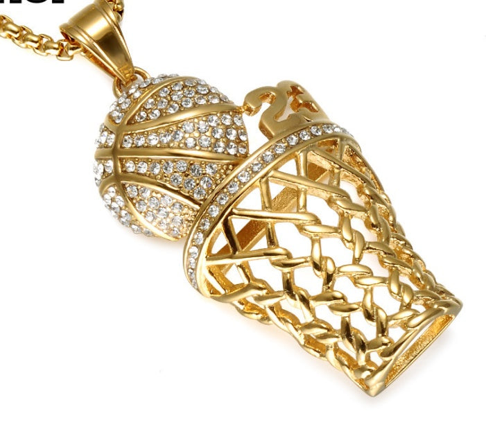 Colliers hip-hop avec pendentifs de basket-ball en strass, collier de sport en acier inoxydable pour hommes