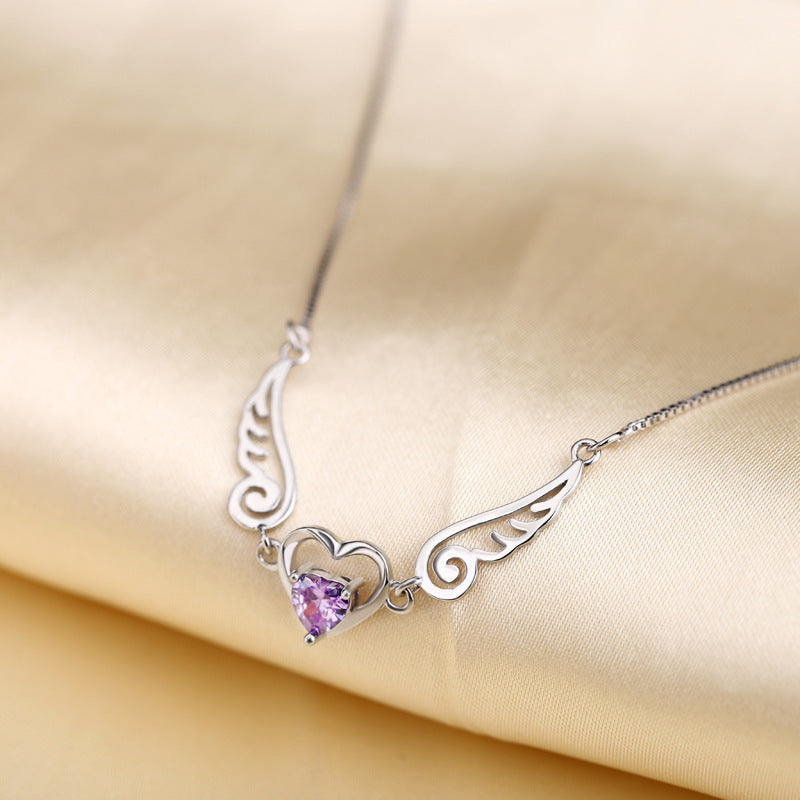 Collier ailes d'ange en argent pur 925, bijoux romantiques en cristal violet, colliers en forme de cœur pour femmes