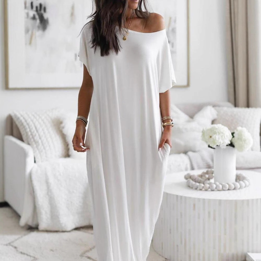 Robe décontractée à manches courtes et à motifs longs pour femme, couleur unie - LUXARAH