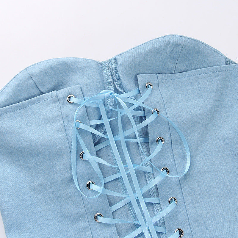 Débardeur tube en jean Y2K avec design noué dans le dos, débardeur corset court tendance pour femmes