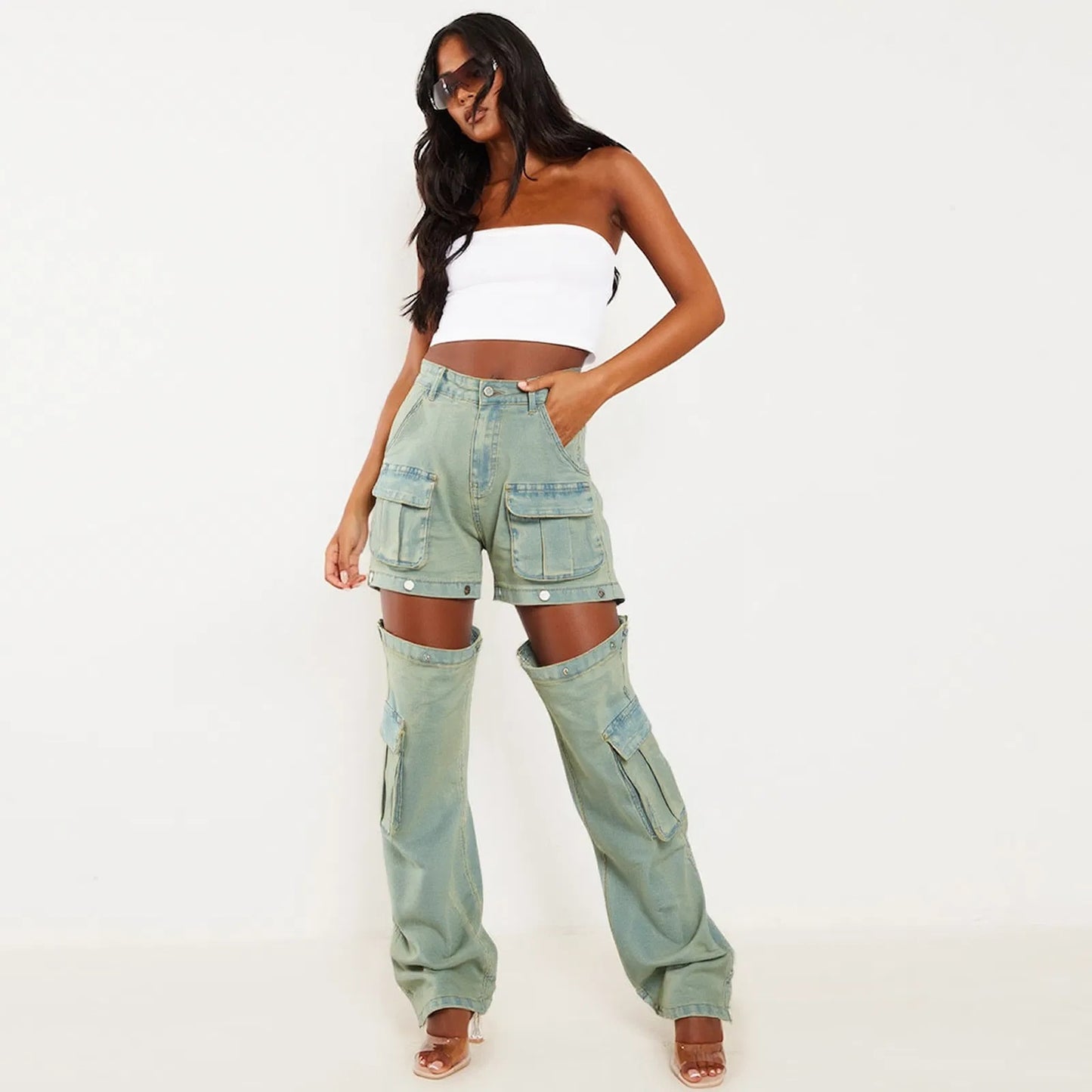 Pantalon cargo taille haute pour femme, coupe ample, convertible en short avec jambes zippées, en sergé de coton, pour toutes les saisons - LUXARAH
