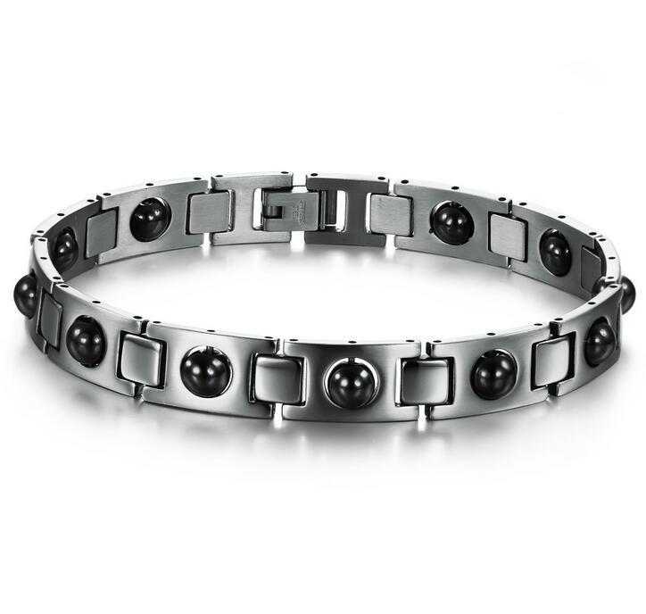 Bracelet énergétique magnétique en acier titane et calculs biliaires noirs - LUXARAH