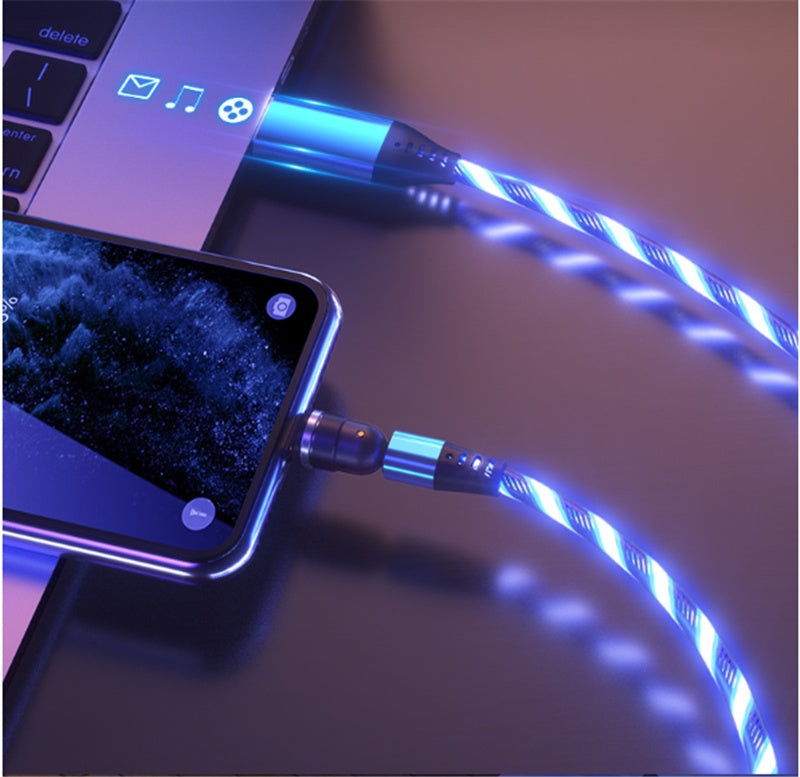 Câble magnétique lumineux rotatif 540° 3A pour recharge rapide de téléphone portable, compatible avec LED, micro USB type C, pour iPhone