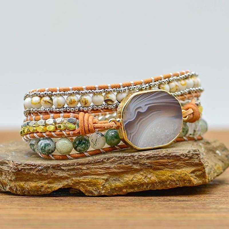 Bracelet en agate naturelle taillée, perles en alliage de pierre tissées à la main - LUXARAH