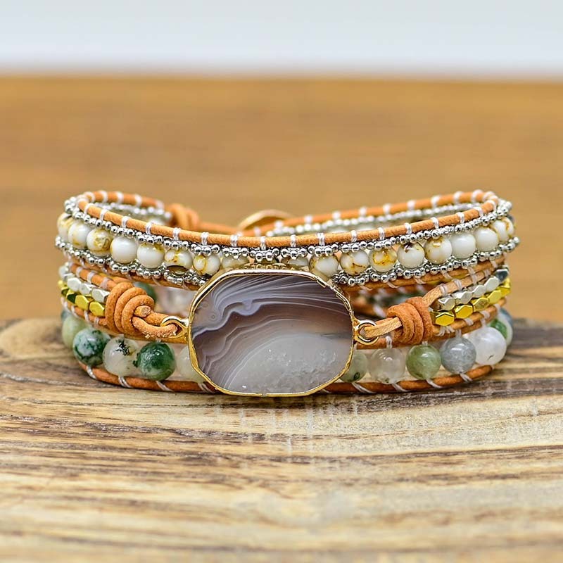 Bracelet en agate naturelle taillée, perles en alliage de pierre tissées à la main - LUXARAH