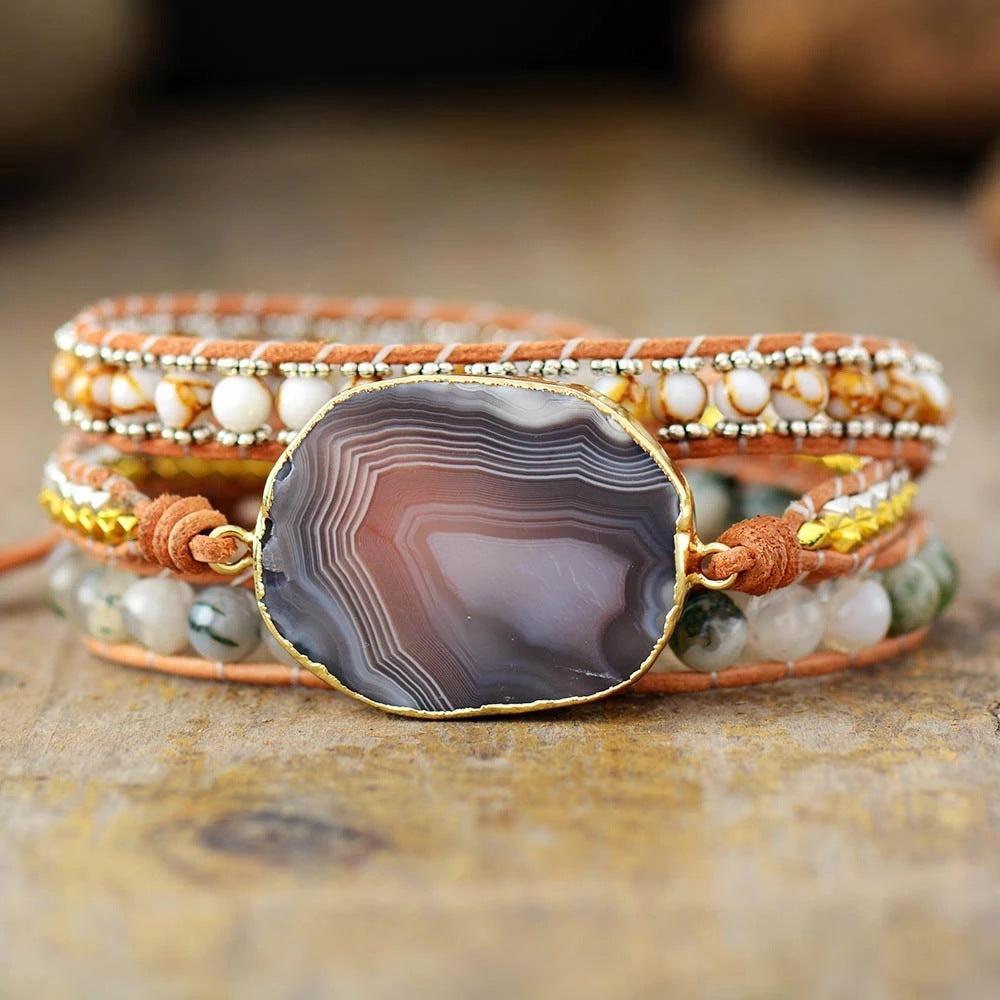 Bracelet en agate naturelle taillée, perles en alliage de pierre tissées à la main - LUXARAH