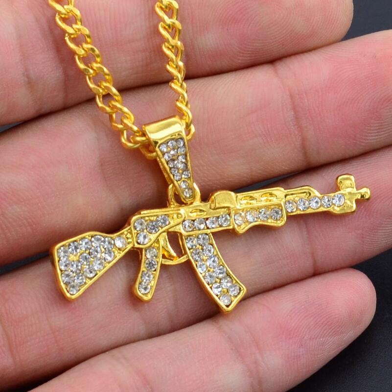 Gothic Gun Pendant Necklace with Rhinestones, Military Style, for Men