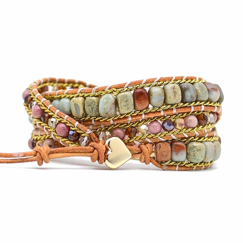 Bracelet multicouche tissé à la main en pierre naturelle avec grain de bois rouge et cœur d'amour - LUXARAH