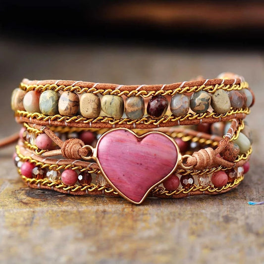 Bracelet multicouche tissé à la main en pierre naturelle avec grain de bois rouge et cœur d'amour - LUXARAH