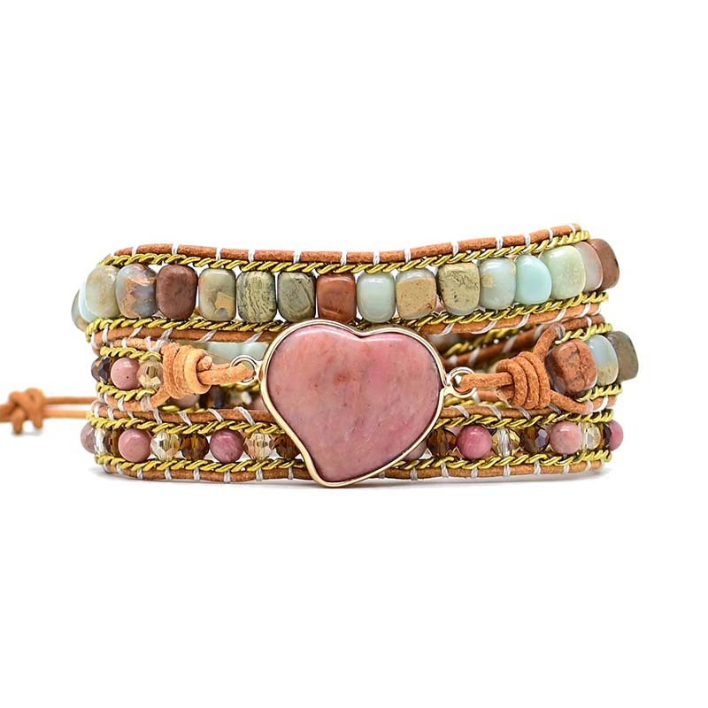 Bracelet multicouche tissé à la main en pierre naturelle avec grain de bois rouge et cœur d'amour - LUXARAH