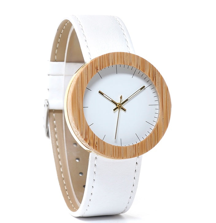 Montre femme en bois de bambou chaud fait main avec ceinture en cuir et mouvement à quartz