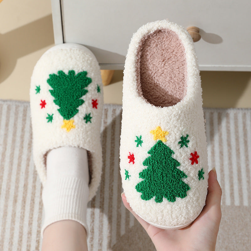 Chaussons de Noël mignons en coton avec motif Père Noël pour femmes et hommes, chaussures chaudes et en fourrure pour l'hiver - LUXARAH