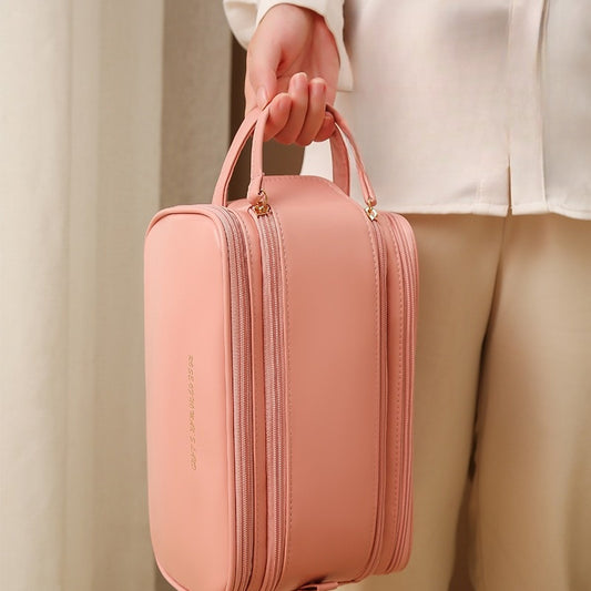 Trousse de maquillage en forme de U à double fermeture éclair à trois couches, trousse de maquillage tendance de grande capacité, sac de rangement portable en cuir PU pour produits de soins de la peau - LUXARAH