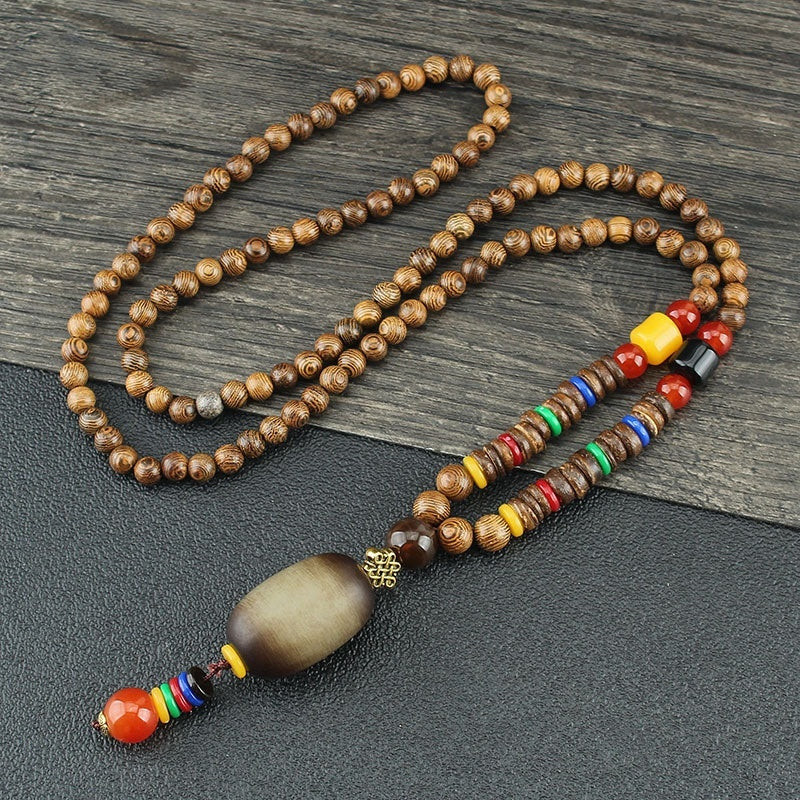 Colliers pour hommes et femmes, chaîne de pull rétro en perles de bois, pendentif Bodhi long - LUXARAH