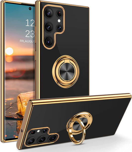 Coque de téléphone M54 compatible avec anneau 6D, support intégré, manchon de protection en silicone, galvanoplastie