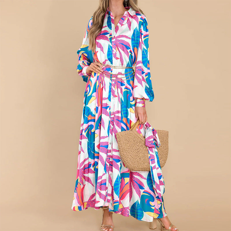 Nouvelles robes imprimées à manches longues et col polo avec ourlet surdimensionné - LUXARAH