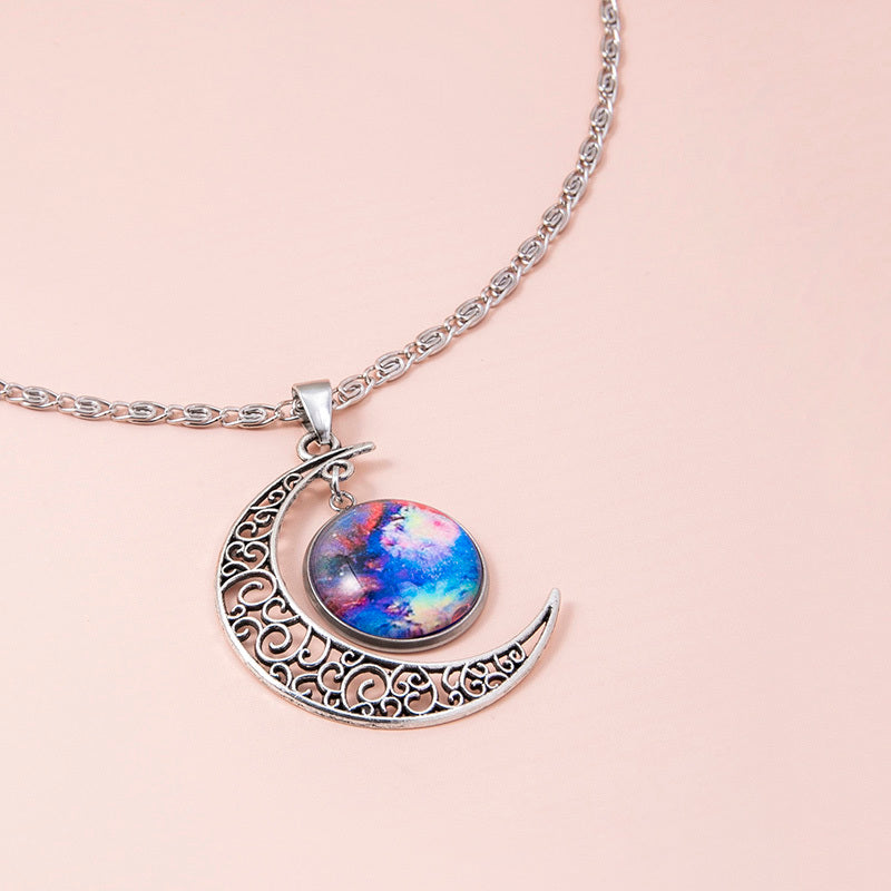 Silver Hollow Moon Galaxy Glass Pendant Necklace for Women