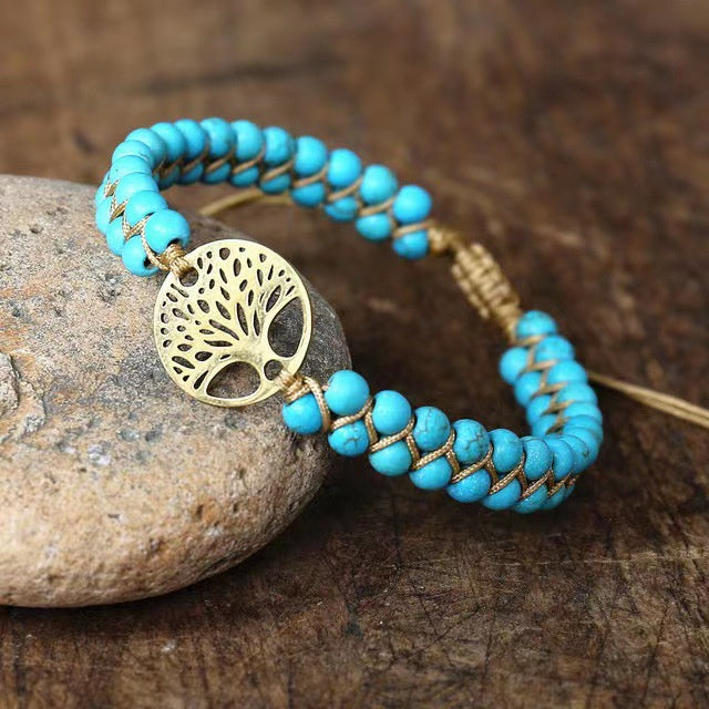 Bracelet tressé double couche turquoise tendance, style bohème ethnique, motif arbre de vie, ajustable, pour femme - LUXARAH