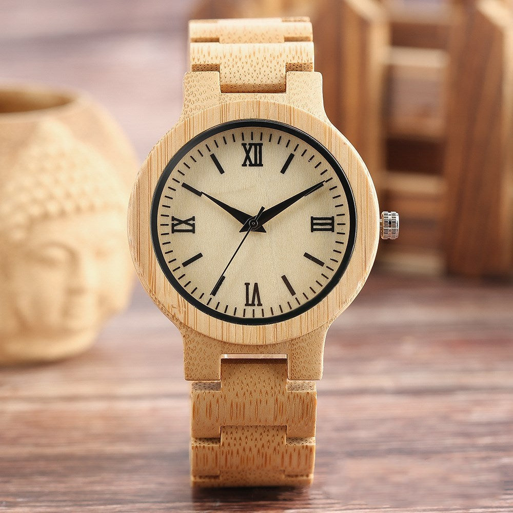 Montre littérale romaine à bracelet en bois de bambou tendance