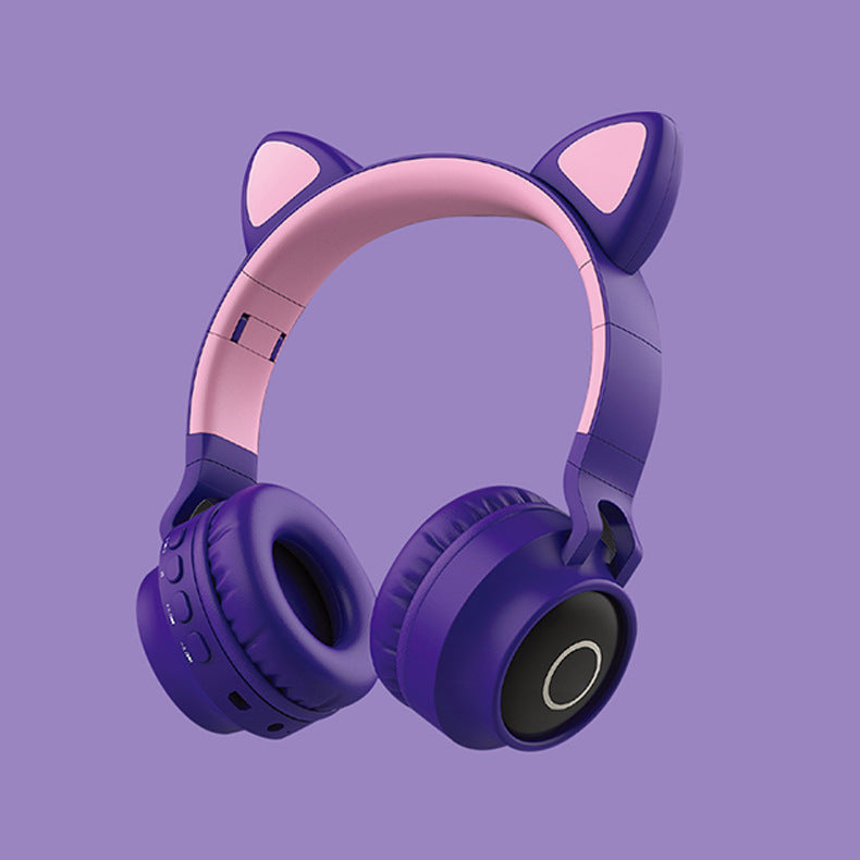 Casque audio sans fil Bluetooth 5.0 avec lumière LED et oreilles de chat, casque portable et pliable pour enfants, avec microphone, idéal comme cadeau