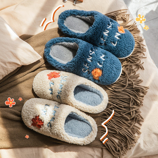Chaussons d'hiver en polaire à fleurs pour femmes, chaussures chaudes et antidérapantes pour la chambre à coucher