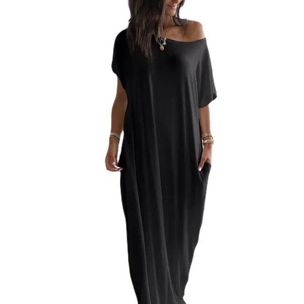Robe décontractée à manches courtes et à motifs longs pour femme, couleur unie - LUXARAH