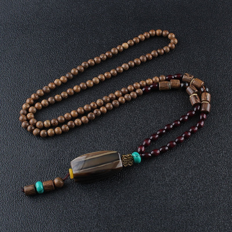 Colliers pour hommes et femmes, chaîne de pull rétro en perles de bois, pendentif Bodhi long - LUXARAH