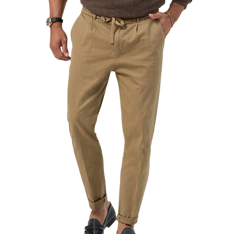 Pantalon décontracté à cordon de serrage pour homme, pantalon de costume droit de couleur unie
