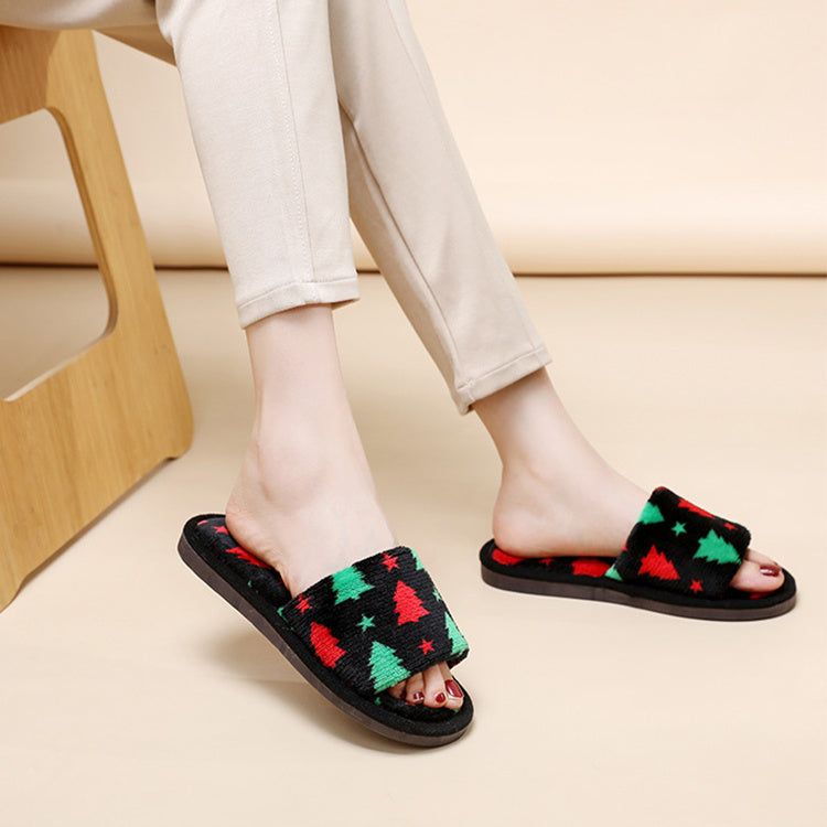 Pantoufles de Noël pour femmes, pantoufles en peluche à bout ouvert, chaussures de maison pelucheuses