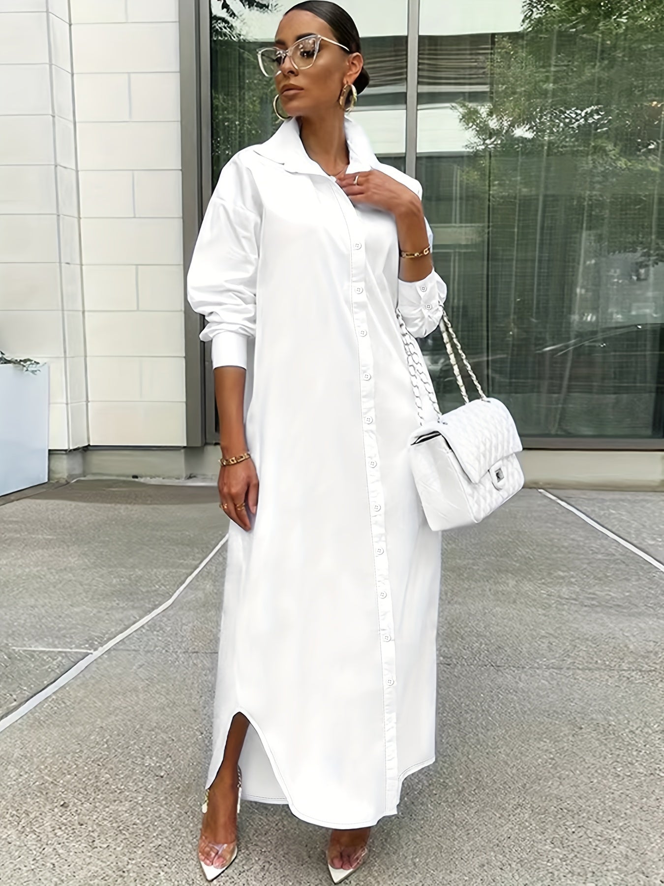 Chemise longue à boutons unis pour femme, vêtement d'extérieur décontracté à manches longues pour le quotidien, vêtements pour femmes toutes saisons, haut - LUXARAH