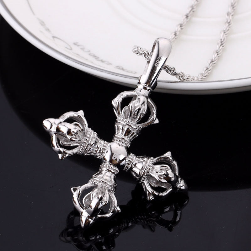 Collar con colgante de cruz de mortero Vajra de plata 925 para hombre y mujer