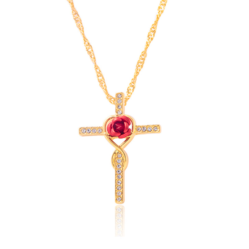 Collar con colgante de cruz de cristal dorado de moda para mujer, joyería religiosa